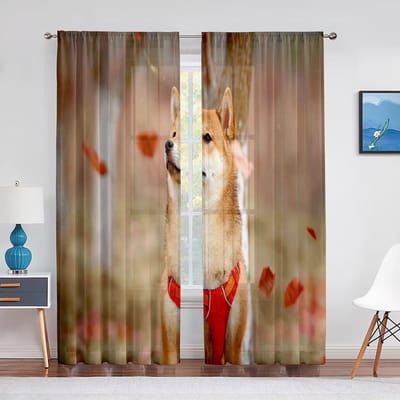 Schattige Shiba Inu Hond Staand op Gras Transparante Gordijnen voor Woonkamer Decoratie Raamgordijn voor Slaapkamer Keuken Tule Voile Draperieën 1 PCS W100XH250cm&Grommet Top