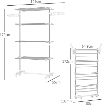 Pugsdrly Mobiele droogrek met wieltjes, 4 niveaus, opvouwbaar, roestvrij staal, wit+zilver, 142 x 55 x 172 cm