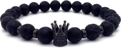 BAZORO® Lavasteen Armband - Kroon - Kralen - Zirkonia - Zwart - 19 cm