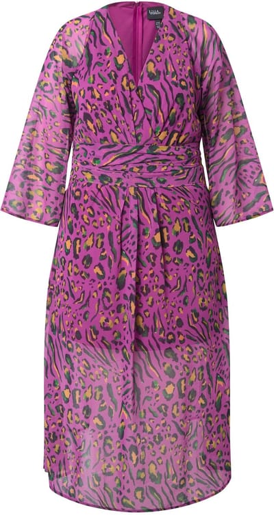 Ulla Popken - Dames - Jersey jurk luipaardmotief V-hals lange trompetmouwen - Roze - Maat 42+