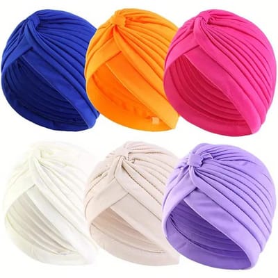 6 stuks Zachte & Gezellige Dames Geplooide Turbanmutsen - Elastisch, Comfortabel, Geurloos Hoofddoeken voor Chemo, Effen Kleuren, Mixpakket orange