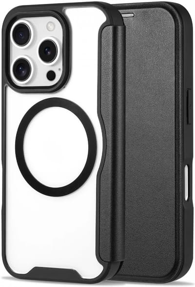 Portemonnee Hoesje Geschikt voor Apple iPhone 16 Pro | Compatibel met MagSafe | Wallet Book Case met Magneet | Beschermhoes met Pasjeshouder | Transparant / Zwart