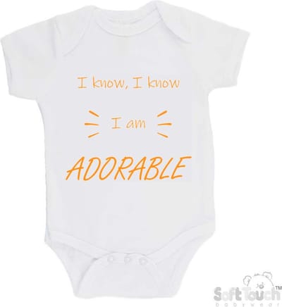 100% katoenen Romper "I know, I know I am ADORABLE" Unisex Katoen Wit/mosterd Maat 62/68