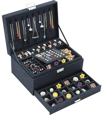 Fluwelen Sieraden Organizer Doos voor Vrouwen en Heren - 3 Laags Met Slot, Zwart
