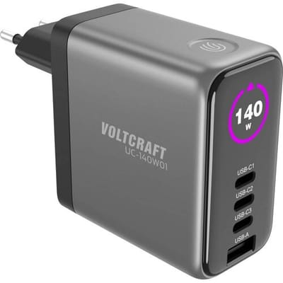 VOLTCRAFT UC-140W01 USB-oplader 140 W 1x USB-A, 3x USB-C USB PD Zwart Binnen GaN, USB Power Delivery (USB-PD), Snellader