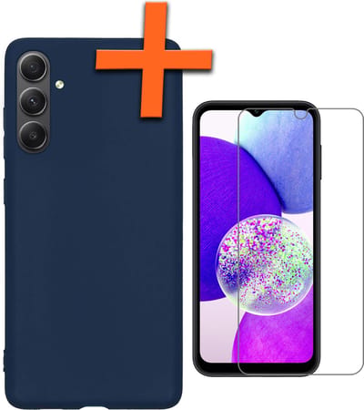 Hoes - Met Screenprotector - Geschikt voor Samsung Galaxy A14 - Sterk & Shockproof - Back Cover - Siliconen Case - Telefoon Hoes - Donkerblauw