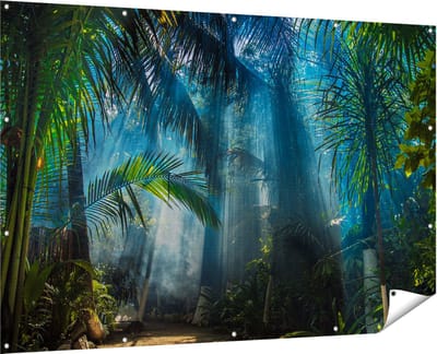 Gards Tuinposter Dichtbegroeide Jungle met Zonnestralen - 180x120 cm - Tuindoek - Tuindecoratie - Wanddecoratie buiten - Tuinschilderij