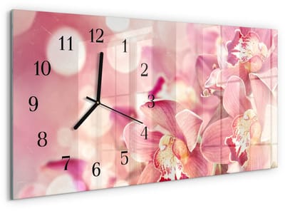 Tulup Wandklok - Orchideeën Moderne Glazen Wandklok - 60x30 cm - Roze Wandklok Glas Met Motief - Zwarte Handen - Rechthoekige Wandklok - Gekleurde Glazen Klok - Glazen Klok Met Print