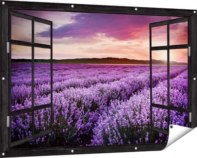 Gards Tuinposter Doorkijk Bloemenveld met Paarse Lavendel - Bloemen - 150x100 cm - Tuindoek - Tuindecoratie - Wanddecoratie buiten - Tuinschilderij