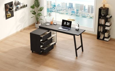 L-Vormig Bureau - 150x100x76 Cm Met 3 Lades En 2 Open Vakken - Zwart En Wit - Stevig Stalen Frame - Ruim Werkblad