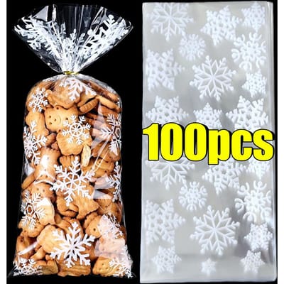 100 stuks/set Sneeuwvlok Snoepzakjes Kerst Transparant Koekjes Popcorn Verpakking Plastic Zak Kerstfeest Decoraties Cadeauzakjes Voor Kinderen 100pcs