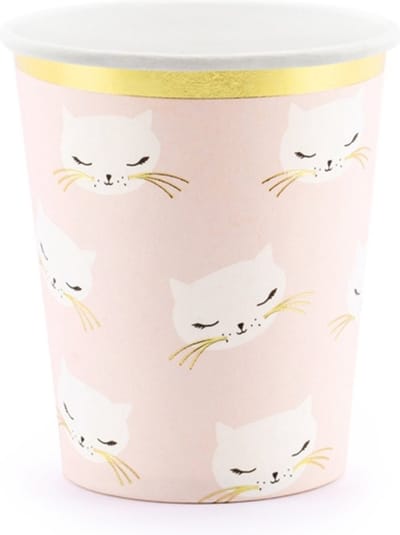 PARTYDECO - 6 kartonnen roze en witte katten bekers
