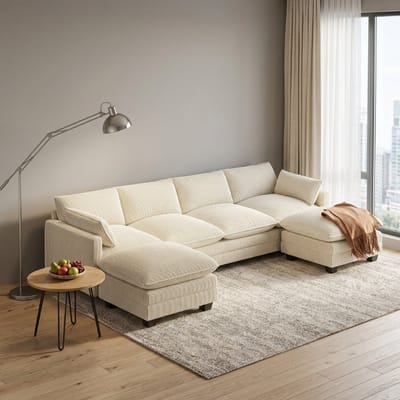 Bealife AR89 4-zits bank - Modulaire bank – U-vorm, ribcord – Inclusief 4 kussens, 2 armleuningen en 2 verstelbaar voetenbankje – 320 cm breed – Beige