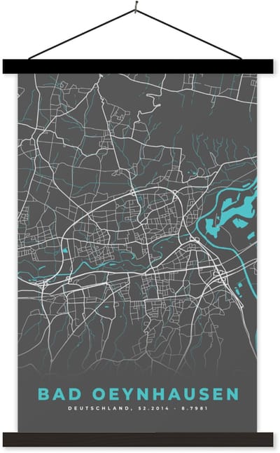 Posterhanger incl. Poster 60x90 cm - Schoolplaat - Duitsland – Blauw – Bad Oeynhausen – Stadskaart – Kaart – Plattegrond - Textielposter - Zwarte latten - Stadskaart