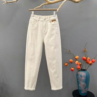 Off White Zomer Casual Jeans voor Dames Elastische Hoge Taille Losvallende Harembroek voor Dames XL