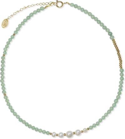 CO88 Collection 8CN-26327 Jade Kralen en Parelketting - Dames - jade - Parel - Staal - Kraal 4 mm - 40 + 5 cm Lengte - Groen/Wit /Goudkleurig