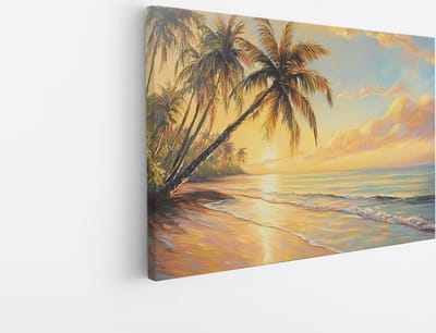 Saammp Canvas Schilderij - Strand met Palmbomen - Zee - Abstract - 45x30 - Foto op canvas - Wanddecoratie - muurdecoratie Woonkamer - Slaapkamer decoratie - Canvas Print