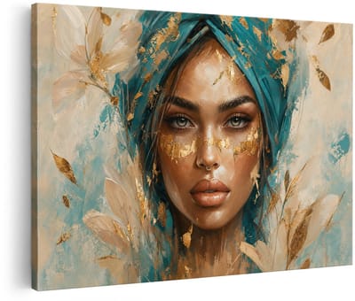 Artaza Canvas Schilderij Vrouw Portret - Goud en Blauw - 60x40 cm - Wanddecoratie Woonkamer - Schilderijen - Muurdecoratie