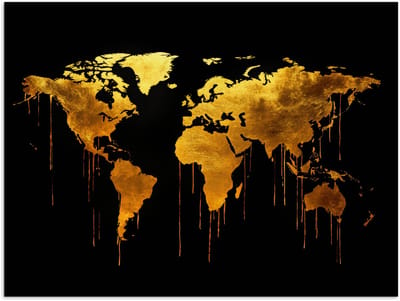 Poster 160x120 cm - Wereldkaart - Goud - Druipen - Zwart - Posters - Kamer decoratie - Wanddecoratie woonkamer - Muurdecoratie slaapkamer XXL