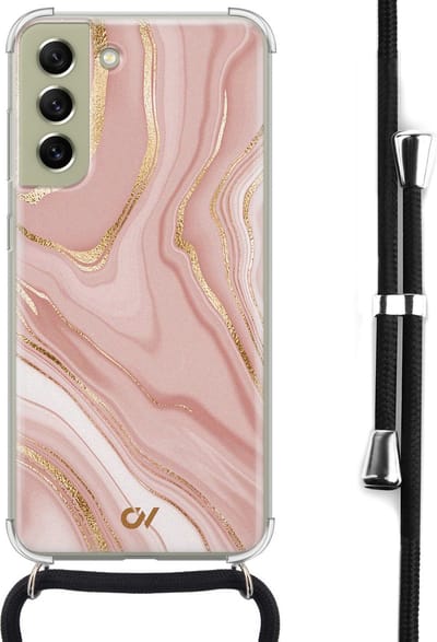 Telefoonhoesje met koord geschikt voor Samsung S21 FE - Rose Marble - Inclusief koord - Transparant, Roze - - Crossbody beschermhoes - Met Telefoonketting