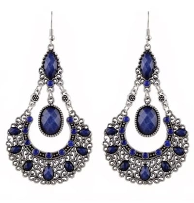 Zilver oorbellen -Tibetaans look- Blauw- lang- Charme Bijoux