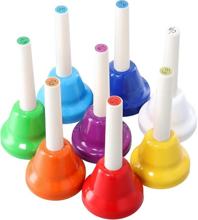 Set van 8 kleurrijke handklokken met diatonische noten - metaal - muziekeducatie en creatieve activiteiten