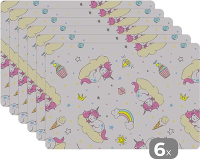 Placemat - Placemats kunststof - 45x30 cm - Eenhoorn - Patronen - Regenboog - 6 stuks - Borden onderleggers antislip - Tafel decoratie - Luxe tafelversiering - Tafelmat vinyl - Bord onderlegger - Tafeldecoratie accessoires