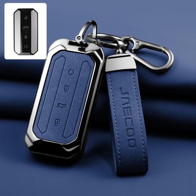 Metalen Lederen Auto Sleutelhoes Cover Voor Chery Jaecoo J5 5 Afstandsbediening Sleutelhoes Tas Sleutelhanger Auto Bescherming Accessoires blue