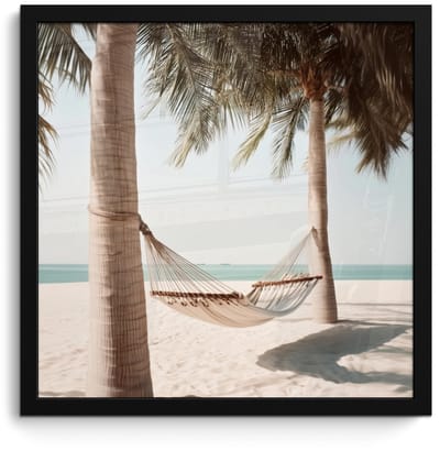 Poster in lijst - Fotolijst 40x40 cm - Posters - Hangmat - Palmbomen - Strand - Zee - Posterlijst zwart - Decoratie - Wanddecoratie woonkamer - Muurdecoratie slaapkamer