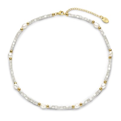 CO88 Collection 8CN-26413 Kralen Ketting - Parelmoer - Parel - Collier - 6,2mm - 3,4mm - 40+5cm - Wit - Goudkleurig