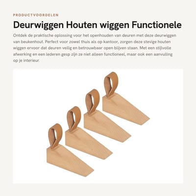 Dailygoods- Deurwig 4-delig - Houten Deurstopper - Bodemwig - Deurblok - Vloerdeur - Met Lederen Gesp - Afmetingen 11x3,5x3,5 cm