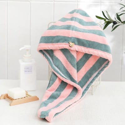 Microfiber haarhanddoek, verdikte koraalfluwelen, cationische droogkap voor haar, waterabsorberend en sneldrogend, gestreepte badmuts