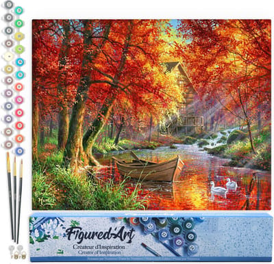 Figured'Art Schilderen op Nummer Volwassenen canvas Rivier en boot in de herfst - Handwerk acrylverf Kit DIY Compleet - 40x50cm zonder frame