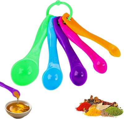 Set van 5 gekleurde maatlepels voor nauwkeurig afmeten van vloeistoffen en poeders, inclusief 1ml, 2ml, 7ml, 10ml en 15ml, ideaal voor koken en bakken
