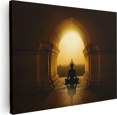 Artaza Canvas Schilderij Boeddha Meditatie - 80x60 cm - Wanddecoratie Zonsondergang - Muurdecoratie Spiritueel - Schilderijen Op Canvas