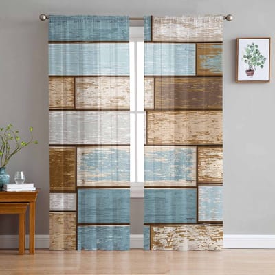 Vintage Oude Houten Planken Amerikaans Platteland Boerderij Raam Tule Gordijnen voor Woonkamer Hotel Luxe Decoratie Transparante Gordijnen 135W x 114H(cm) brown