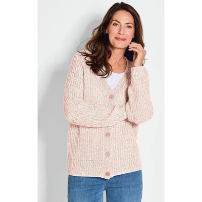 Tricot jasje van meerkleurig lintjesgaren - rosé / wit / gedess. - Gr. 38 van Goldner Fashion