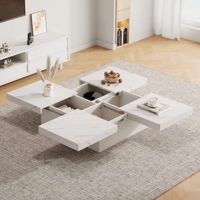 Moderne Witte Vierkante Salontafel met Marmer Effect - 90x90x25 cm - 4 Lades - Verplaatsbaar Tafelblad - Belastbaar tot 30 kg