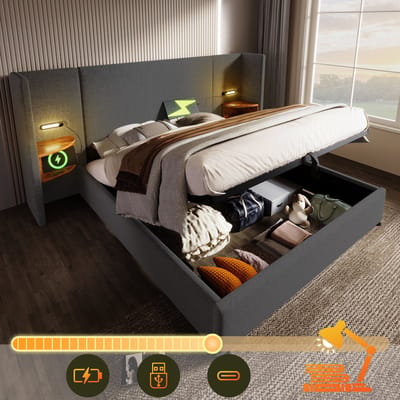 Tweepersoonsbed 160x200 cm met nachtkastje - leeslamp en USB Type-C oplaadfunctie - met opbergruimte - grijs - linnen - zonder matras