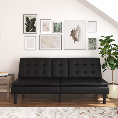 MAINE - Slaapbank met Relaxfunctie en Bekerhouders - Zwart Kunstleer