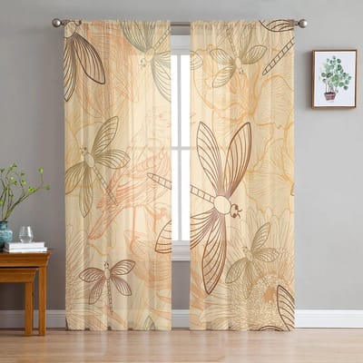 Retro Libelle Vogels Bloemen Transparant Gordijn voor Woonkamer Hal Muur Aankleden Huis Raambenodigdheden Pop Print Tule Gordijnen 135W x 114H(cm) beige