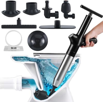 SnelShoppen - Pneumatische Ontstopper 8 Bar met 4 Zuigkappen - Professionele Ontstopper voor Toilet, Keuken, Badkamer & Douche | RVS Pompdrukmeter Zon