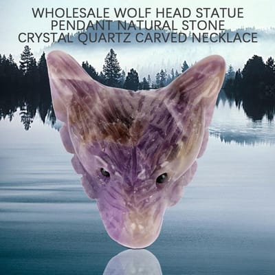Wolfskop Beeld Hanger Natuursteen Kristal Kwarts Gesneden Ketting (Amethist) gray