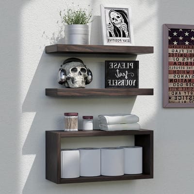 Set van 3 Zwevende Planken voor Badkamer, Woonkamer en Keuken - Moderne Wandplanken met Onzichtbare Beugels in Walnootkleur