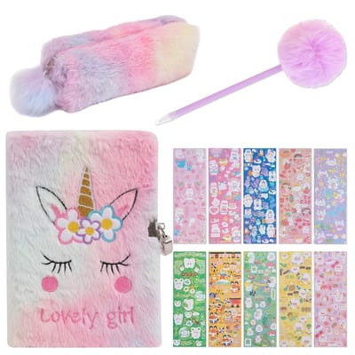 Dailygoody - dagboek met slot - pluche eenhoorn - geheimen bewaren - A5 formaat - notitieboek set met stickers en pen - perfect cadeau voor meisjes