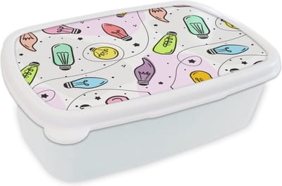 Broodtrommel Wit - Lunchbox - Brooddoos - Pastel - Regenboog - Lamp - Patronen - 18x12x6 cm - Volwassenen