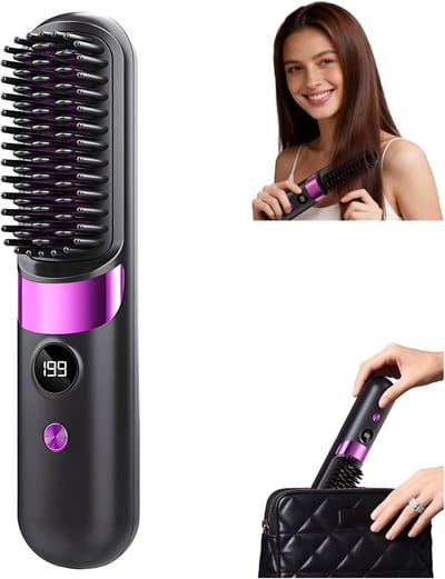 Draadloze Draagbare Haarborstel Stijlborstel Met LCD Temperatuurdisplay Snel Verwarmend Mini Stijltang Voor Reizen Zwart
