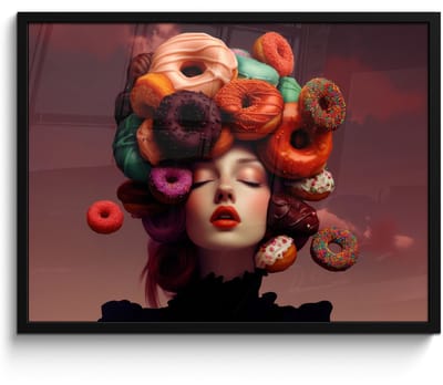 Poster in lijst - Fotolijst 70x50 cm - Posters - Vrouw - Donuts - Kleurrijk - Posterlijst zwart - Decoratie - Wanddecoratie woonkamer - Muurdecoratie slaapkamer