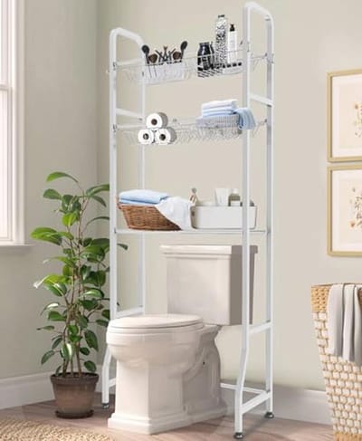 Fandature About the Toilet Storage Rack with 3 Tier Shelf for Bathroom, Freestanding Organizer Above Toilet Stand with 6 Adjustable Shelves and 4 Hanging Hooks, White