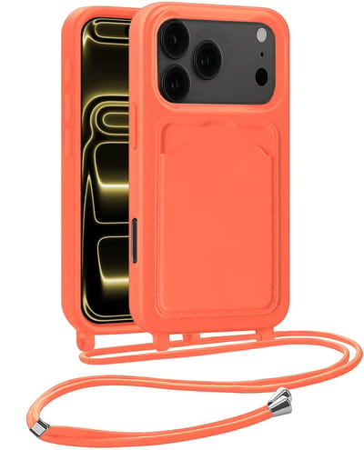 Hoesje Geschikt voor iPhone 17 Pro Telefoonhoesje Met Koord Case Pashouder Siliconen - Hoes Geschikt voor iPhone 17 Pro Hoesje Met Kaarthouder - Papaya